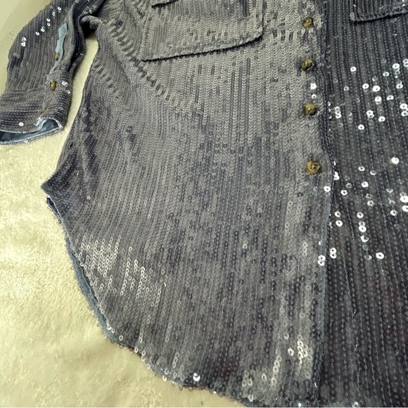 Anthropology Pilcro Shimmering Blue Buttondown Tunic Style Sequin Shirt Size XSP - Picture 10 of 15